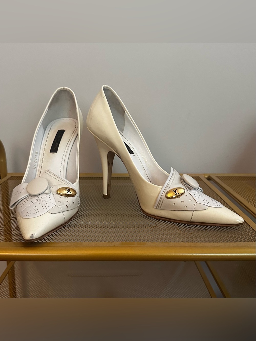 Louis Vuitton White Leather High Heel Pumps with Gold LV Emblem